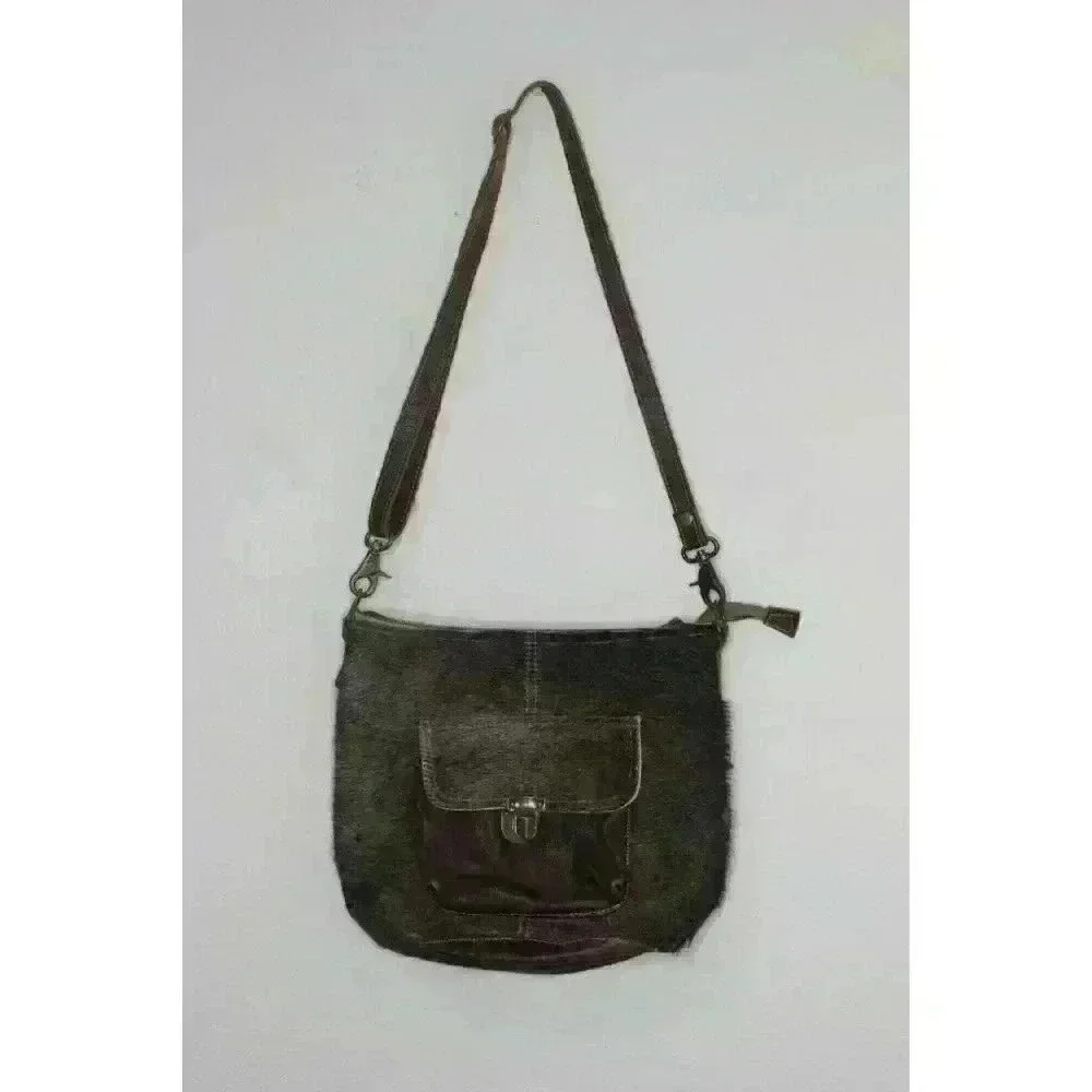 Myra Bag Western Cowgirl On Hide Leather Medium Brown Satchel Crossbody Purse‎